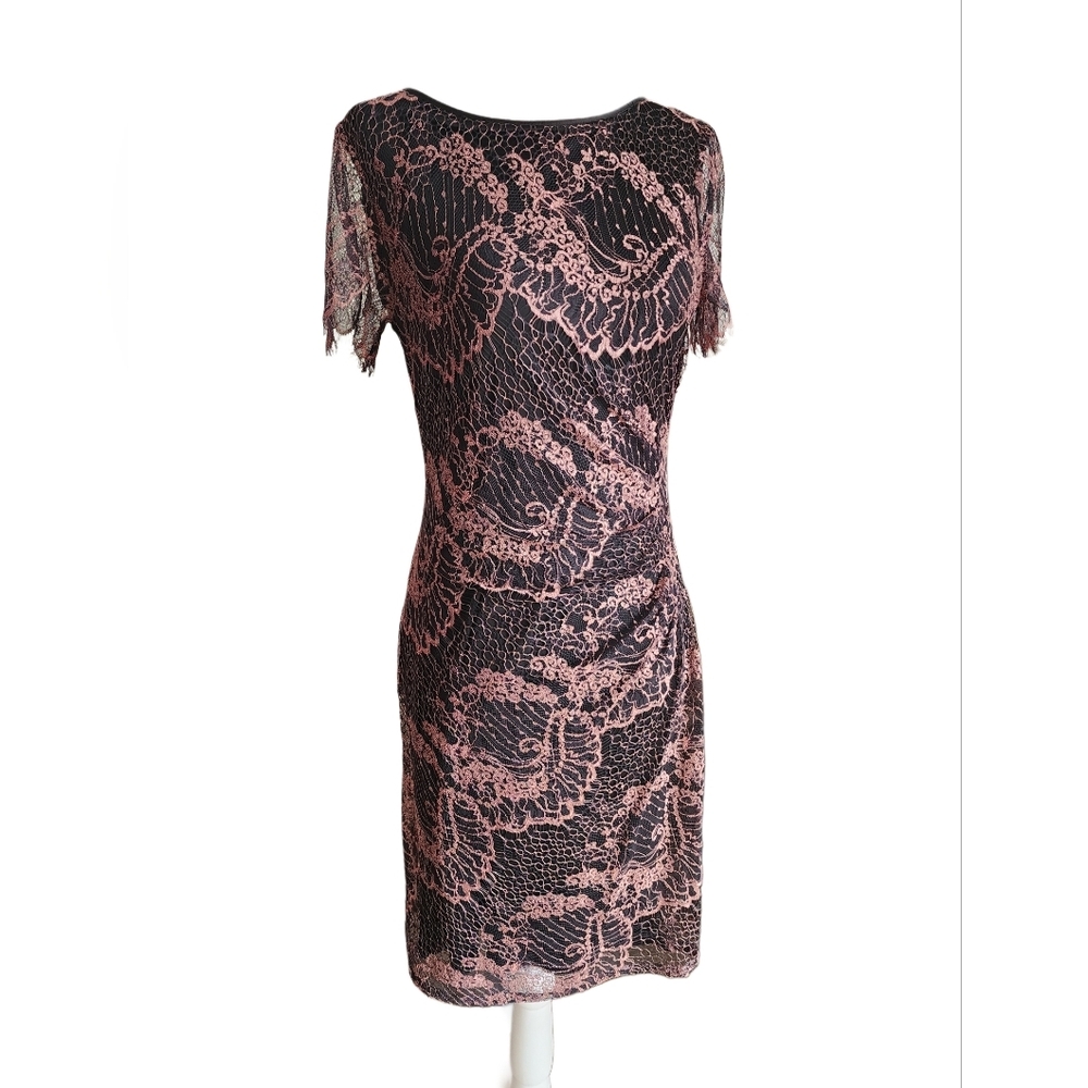 Black And Pink Metallic Lace Short Sleeve Cocktail Dress Sz 4 Adrianna Papell